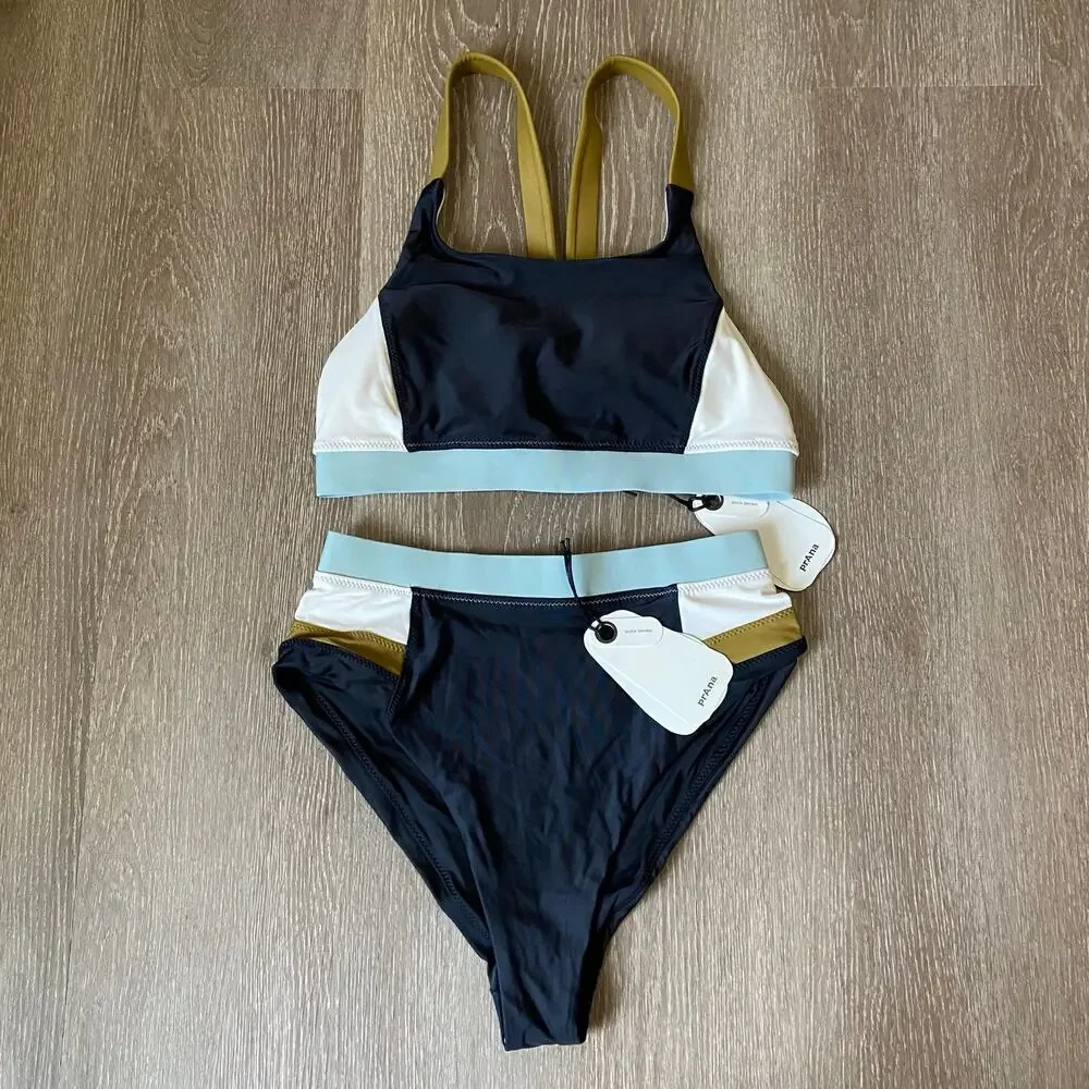 Prana Baja Bound Sport Top & High Rise Bottom Sz XS Black Colorblock Bikini Set